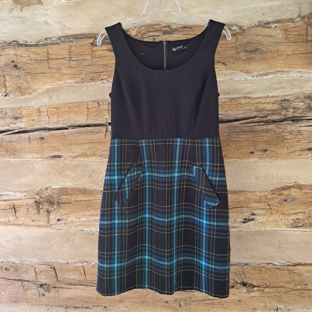 3/$15 Kensie Pretty Black & Blue Plaid Sleeveless Midi Shift Dress Size Large